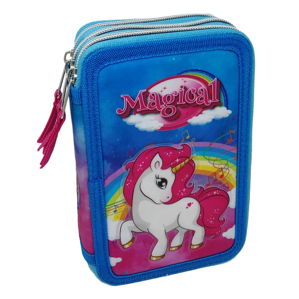 CARTOON School Pencil Case 3 Zip, Multi-Compartment, 44 Pieces, Giotto Colours, 20 x 13 x 6 cm, multi-coloured, 20 x 13 x 6 cm, Unicorn