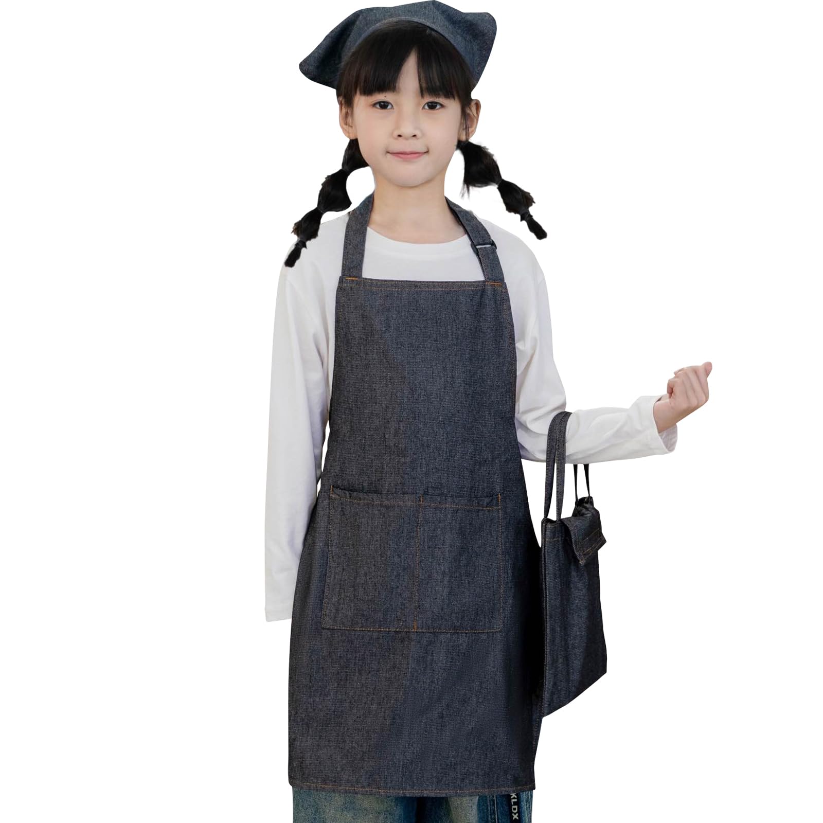 [cozycube] エプロン子供用 キッズ用エプロン 三角巾 巾着バッグセット デニム しわになりにくい 汚れ防止 小学生 シンプル 着脱簡単 収納バッグ付き 男女兼用 ホコリが付きにくい (デニム-ブラック, M) の商品画像