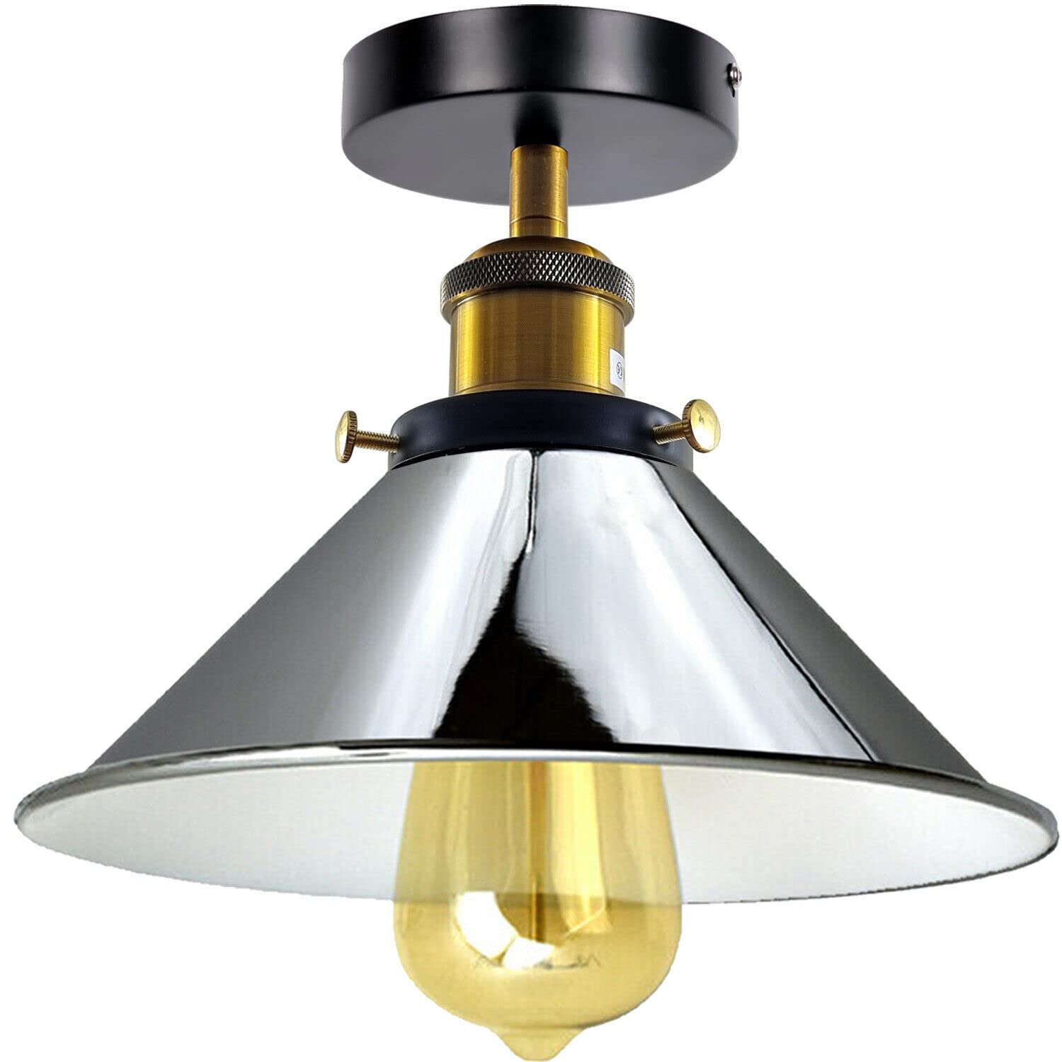 Vintage E27 Flush Mount Ceiling Light with 22cm Satin Nickel Conical Lampshade Metal Ceiling Lighting Fixtures for Kitchen Dining Rooms Living Rooms Easy Fit Premium Quality Anti Rust with Bulb