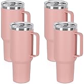 4 Pack 40 Oz Tumbler with Handle and Straw, Stainless Steel Double Wall Vacuum Insulated Cup, 40 OZ Travel Coffee Mug Bulk with Silicone Water Bottle Boot(Pink)