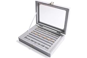 Frebeauty Rings/Earring Organizer Tray with Clear Lid,7 Slots Velvet Drawer Insert Jewelry Storage Box with Transparent lid J