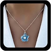 Andelaisi Boho Flower Pendant Necklace Vintage Resin Flower Pearl Necklace Blue Enamel Floral Choker Adjustable Lily Petal Chain Jewelry for Women