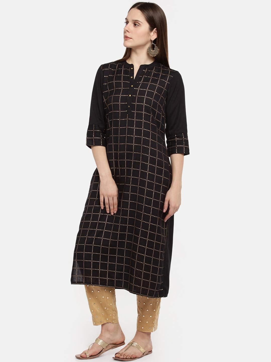 anjushree choice women stitched gold printed straight cotton kurti kurtis