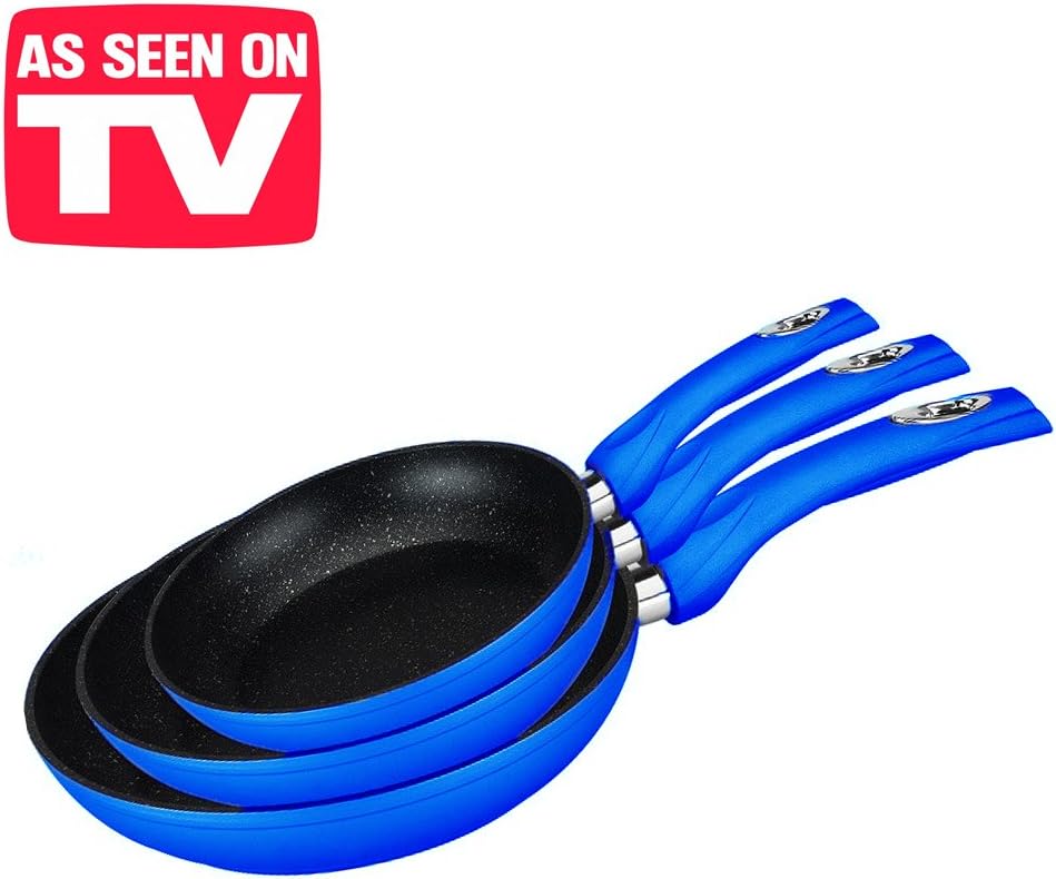 Set of 3 Frying Pans with Coating in black lava stone and Soft Touch Handles – Kit Rechargeable Cookware – Diameter 20/24/28 cm Non-Stick Frying Pan Super Tough Scratch Resistant with Modern Design and Coloured in Marble Granite Blue Black – Suitable for Hob/Induction Stoves Fund – 5502