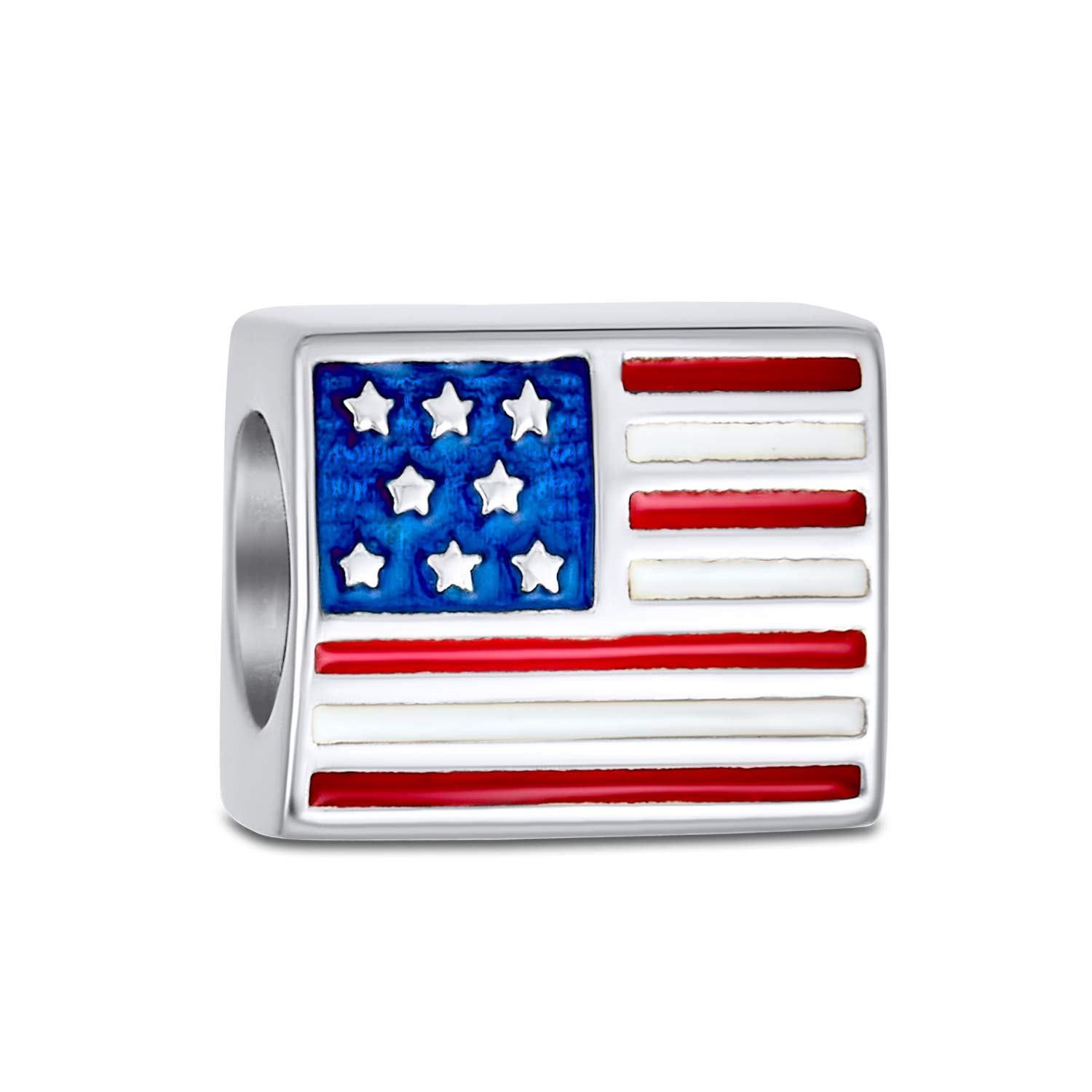 Bling Jewelry Red White Blue Stripe Holiday American USA Patriotic Flag Star Charm Bead For Women Teens .925 Sterling Silver Fits European Bracelet