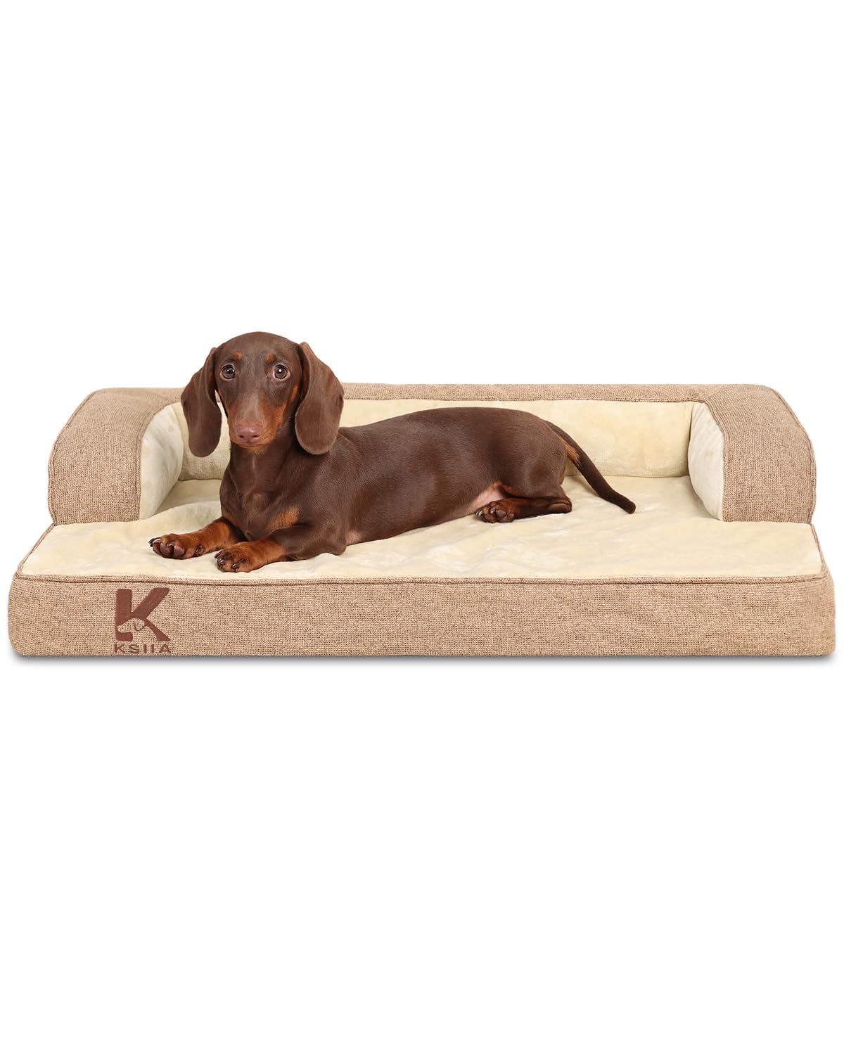 Photo 1 of KSIIA Washable Dog Bed Medium Size Dog U-Shaped Bolster Pet Couch with Removable Waterproof Cover, Non-Slip Bottom and Egg-Crate Orthopedic Foam Pet Bed, 35 x 22 Inch, Brown