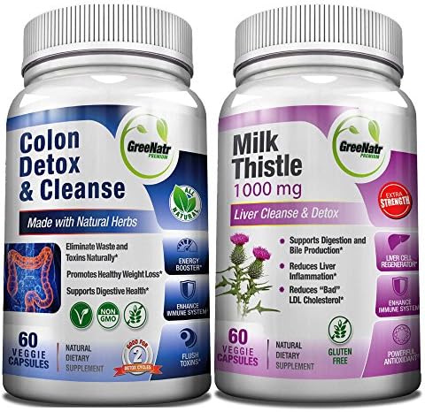 Colon &amp; Liver Cleanse Detox Bundle | Milk Thistle Extract + Unique Toxin-Eliminating Blend of Herbs (Cascara Sagrada Bark, Psyllium Husk, Bentonite, Fennel Seeds, Dandelion Root &amp; more) Gluten Free