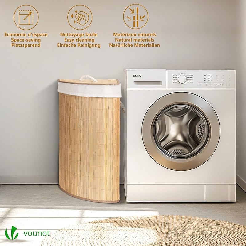 ® Cesto Portabiancheria Angolare in Bambù 58L, Cesto Pieghevole per Panni Sporchi con Coperchio, Manici e 2 Borse Rimovibili, per Bagno, Lavanderia e Camera da Letto, Naturale
