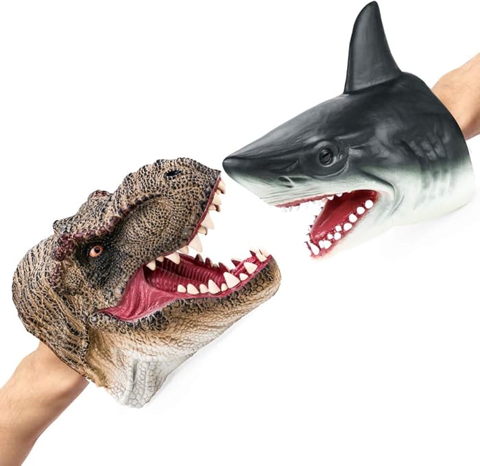 Epessa Dinosaur Duel Shark Hand Puppet Set for Kids Who Love Role Play Dinosaur Toy Shark Toy Hand Painted