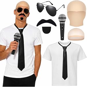 Bald Cap Costume Set T-Shirt Mustache Sunglasses Hip Hop Music Singer Rap Artist for Adult Halloween Festival Concert Cosplay