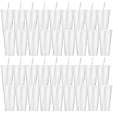 LEIFEOSH 36 Pcs Plastic Tumblers With Lids and Straws, Reusable Colorful Cups for Parties, Birthdays, Iced Coffee, Travel Mug, Cold Drinks (White, 24 oz)
