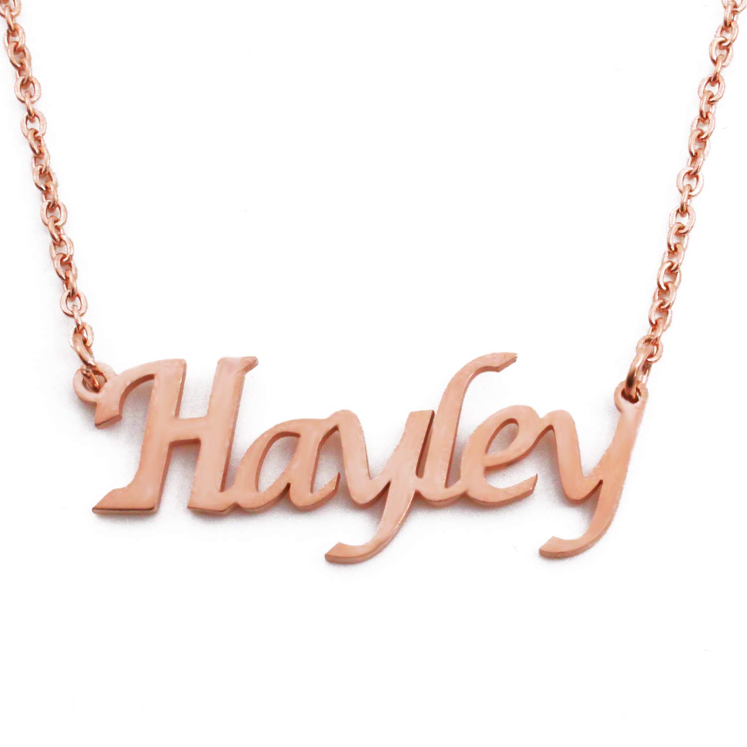 Kigu Hayley Name Necklace Personalised 18ct Rose Gold Plated, Custom Dainty Name Pendants, Jewellery for Ladies, Girlfriend, Mother, Sister, Friends Inc Bag & Box