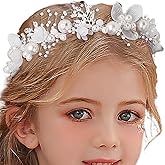 Campsis Flower Girl Headpiece Silver Princess Wedding Headband Girls Flower Pearl Hair Accessories for Birthday Party, Photography