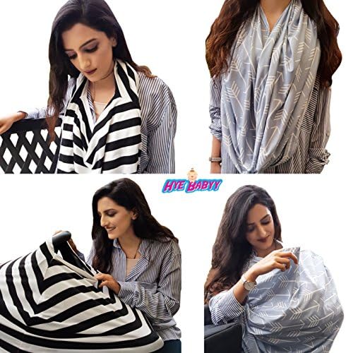 HYEBABYY Breastfeeding Nursing Cover Scarf - multi use baby car seat, shopping cart, stretchy lightweight infinity shawl, a premium essential with bag - full coverage &amp; privacy (Black &amp; White Stripes)