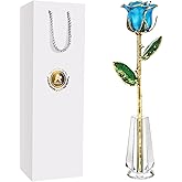 AliveRose for Her, 24K Gold Rose Made from Real Rose - Unique Design Gold Plated Rose for Anniversary Valentines Mothers Day Birthday Gifts (TealBlue Original Rose with Crystal Vase)