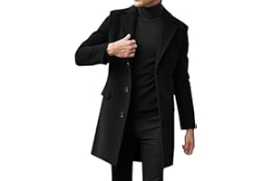 Beotyshow Mens Single Breasted Trench Coat Winter Pea Coat Notch Lapel Long Casual Overcoat