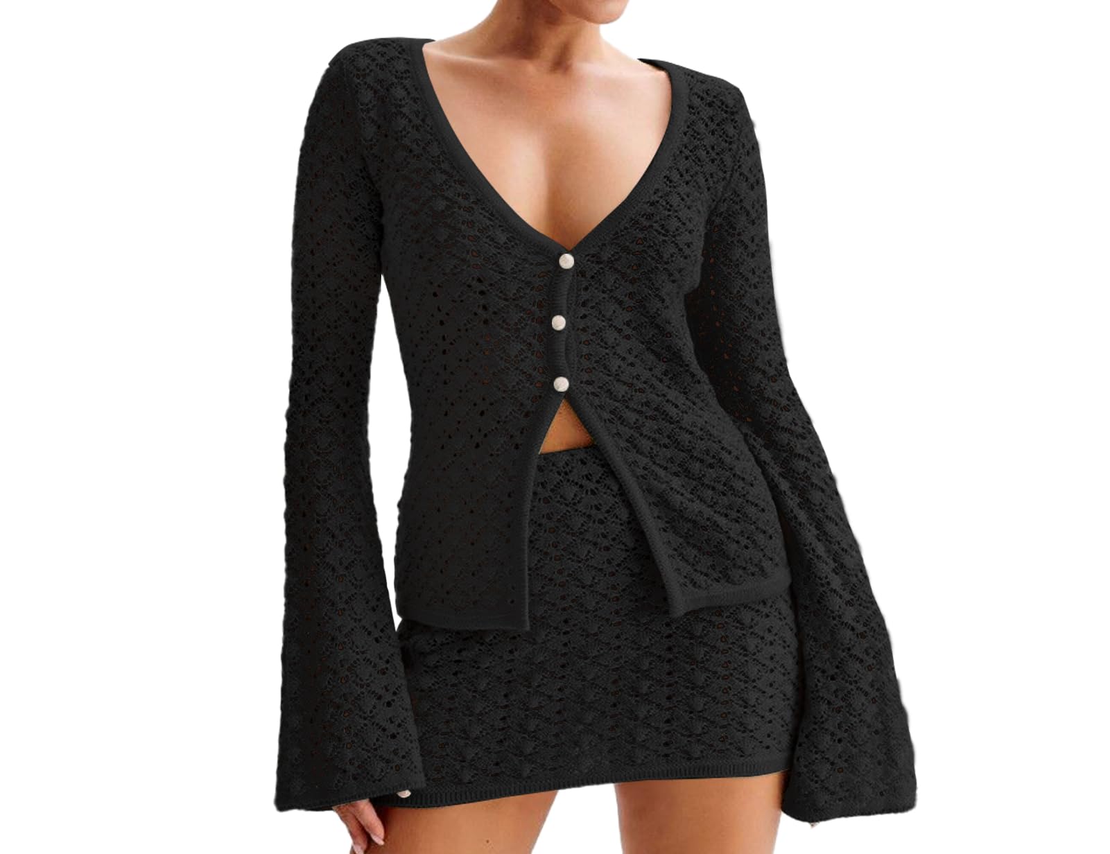 Photo 1 of 2 Piece Outfits for Women Crochet Knit Cover Up Set Summer Long Sleeve Tops Casual Mini Skirts Swimsuit Beach Vacation Outfits Black