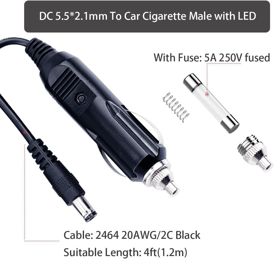 KUNCAN 4FT 12V Cigarette Lighter to DC5521 Power Cable, 5A Fuse, Car Charger for GPS DVD Player, Bluetooth Speakers - Image 5