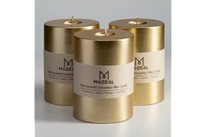 MOZEAL 3" x 4" Hand-Poured Unscented Candle,Dripless Pillar Candle Set of 3,Long Clean Burning,Approx 72 Hours Burn Time,Rustic Country Style,Wedding,Dinner,Christmas and Home Decor,Gold
