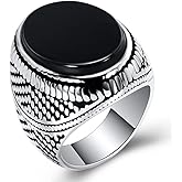 QUSIIOSLK Turkish Handmade Oval Agate Ring Solid 925 Sterling Silver Black Onyx Rings for Men Vintage Natural Agate Stone Ring Statement Band Jewelry Gift for Him 9