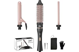 JANELOVE javelove 3 in 1 Curling Iron Set with Thermal Brush (1.5") and 2 Interchangeable Ceramic Curling Wand(0.51"-1"), 2 Temp Heating Setting, Include Heat Protective Glove & 2 Clips& Storage Bag