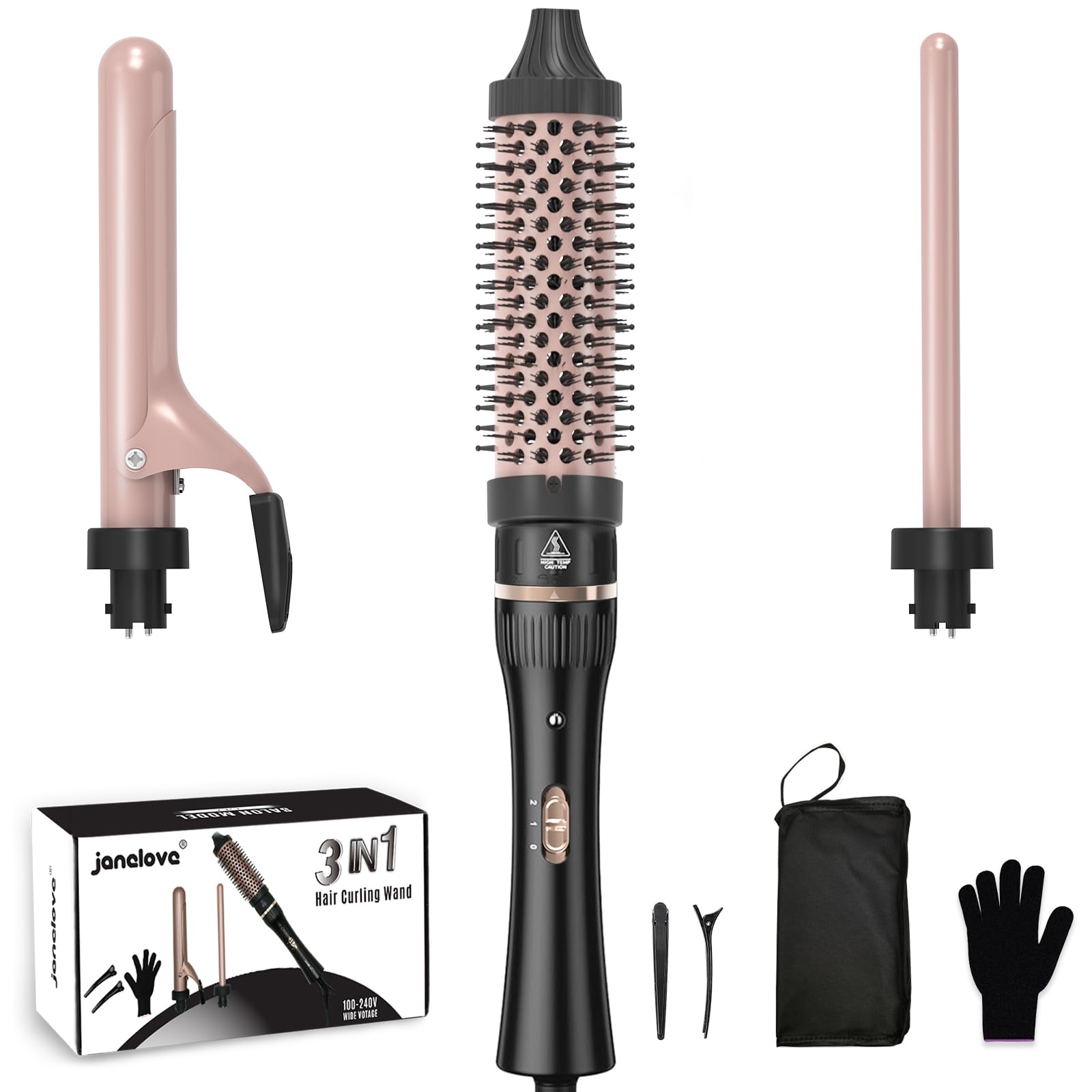 janelove Hair Curling Wand,3 in 1 Hair Curler Set with Thermal Brush for Natural Curls,13 and 25mm Ceramic Curling Wand for Long Hair,Interchangeable Hair Curler Wand Set with 38mm Brush