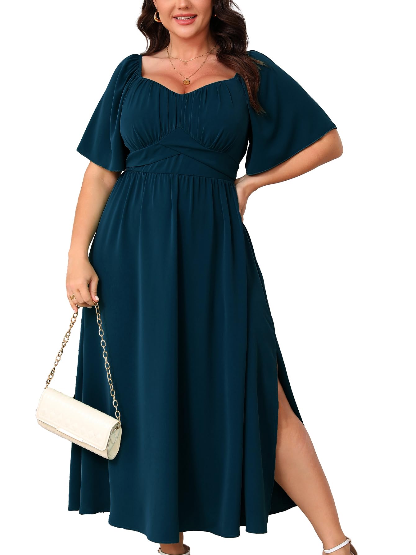 Photo 1 of CICIDUDU Plus Size Dress Wedding Guest Semi Formal Ruffle Short Sleeve Sweetheart Neckline Slit A Line Flowy Maxi Dresses Lake Blue 1 XL