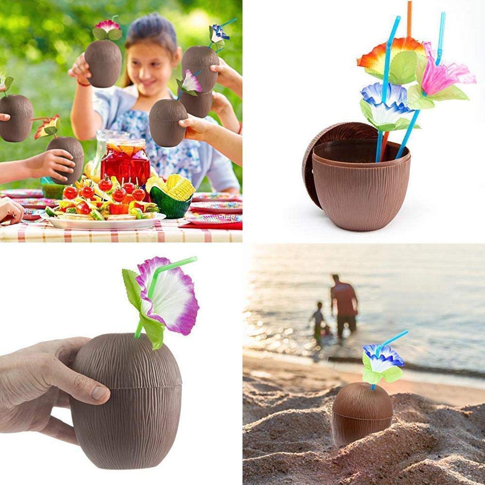 A Coconut Cups With Straws And Flowers 12 Pack Plastic | Desertcart Guyana