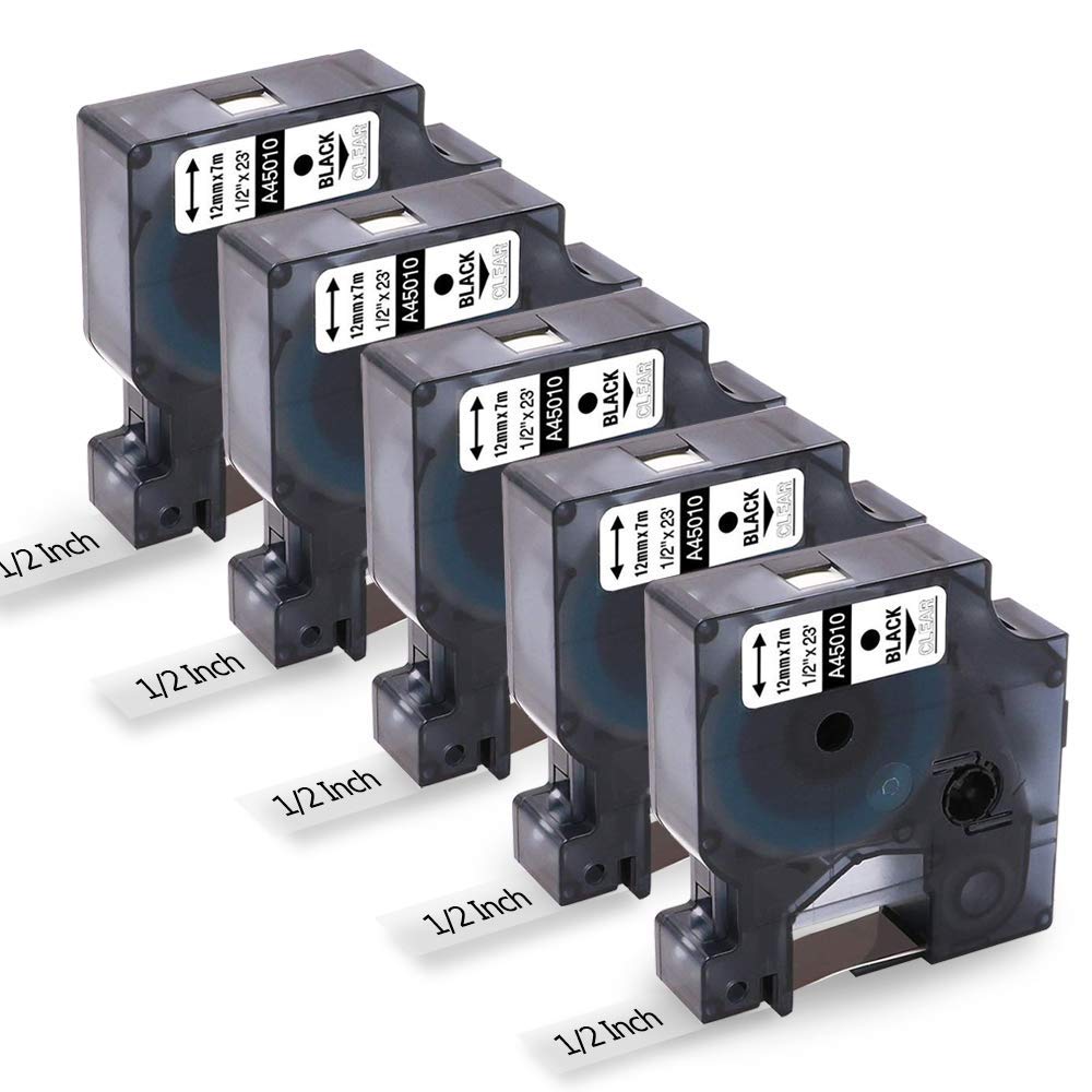 Invoker 5x a45010 Replace for Dymo D1 Label Tape 12mm x 7m Black on Clear Tape 1/2inch 45010 45010s S0720500 Compatible with Dymo Labelmanager 160 210D 260P 280 360D 420P 500TS 640CB LabelPoint/Writer