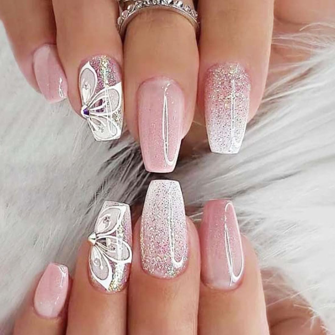 24 PCS Medium Length Fake Nails White and Pink Fake Nails Butterfly False Nails Flower Design False Nails Line Fake Nails Full Cover Fake Nails Daily Decorative Art for Women and Girls