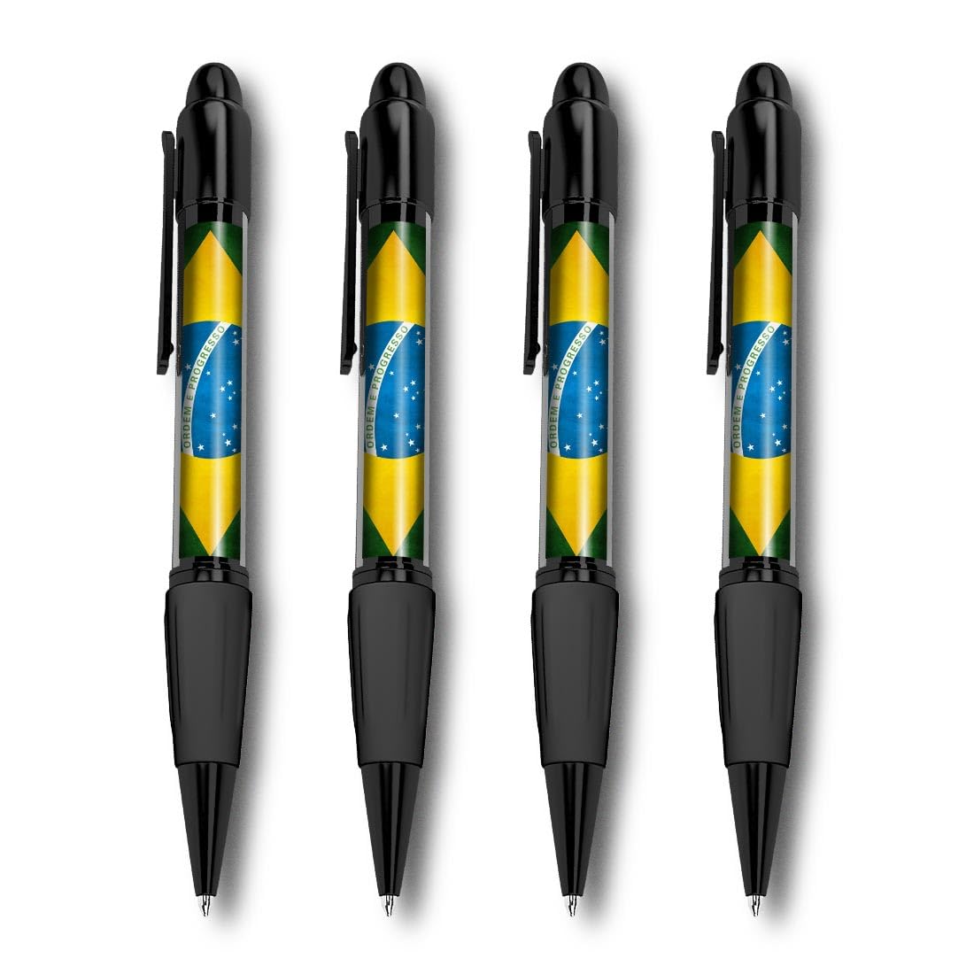 Set of 4 Black Ballpoint Pens (Photo Insert) - Distressed Brazilian Flag Brazil - Soft Feel Finger Grip #56003