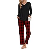 Anyally Women's Plus Size Pajama Sets Ladies Fall Pjs 2 Pieces Lounge Outfits V Neck Long Sleeves Sleepwear with Pockets