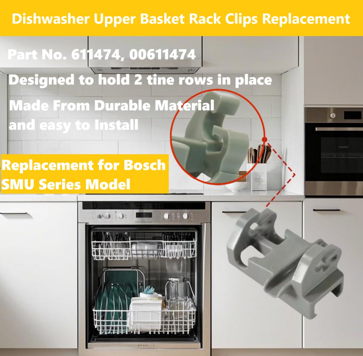 (2 PCS) 00611474 Dishwasher Tine Row Clip fit for Bosch Thermador LG Siemens 611474, MEG64438801, SMV63M00AU/73, SMU40M05AU/74, SMS69T28AU/73, SMS68T08AU/01, SMU50E25AU/01, SMS63L08AU/01 -Gray