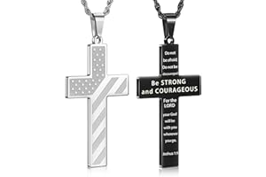 Romass 2Pcs Cross Necklace for Men Boys, Bible Verse Christmas Gifts Stainless Steel Silver Black American Flag Chains for Men Pendant Jewelry Box
