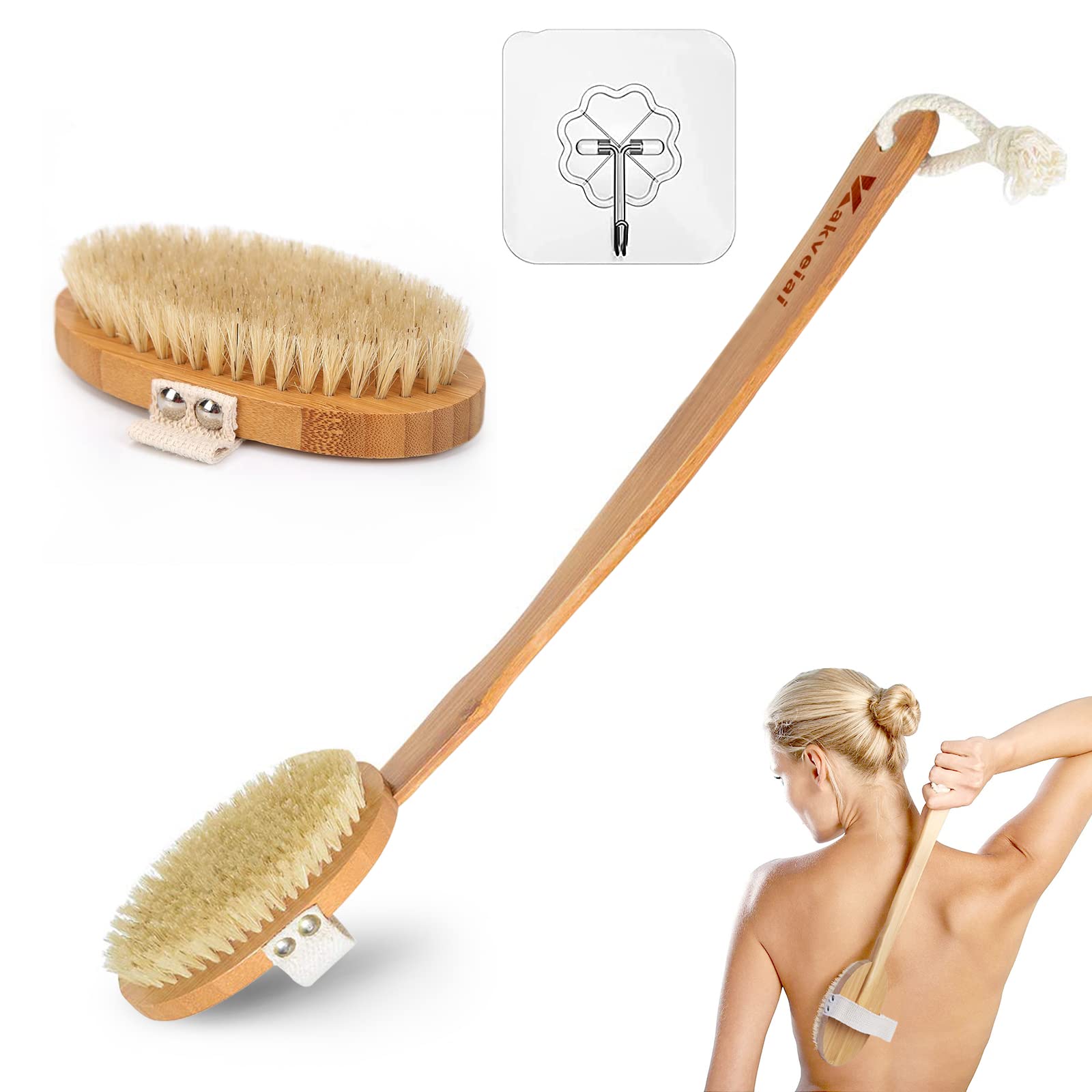 Body Brush Long Handle, Back Scrubber, Shower Brush with Long Wooden Handle, with 2 Body Brush Heads Detachable, Natural Bristles Easily Exfoliating Skin, Long Wooden Handle Cleans the Body Easily