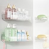 Sotfamily Clear Shower Caddy, Acrylic Wall Mounted Shower Shelves with Soap Dish & Adhesive Pads for Bathroom Organizers and Storage, No Drill Shower Caddies for Bathroom Decor