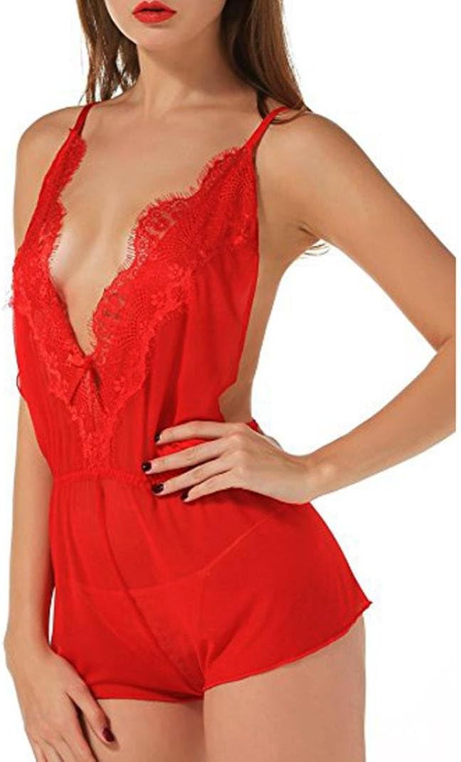 Sexy Lingerie Set Women's Ronamick Muslin Negligee Lingerie Fashion Women Sexy Bow Lingerie Uniforms Temptation Sexy Underwear Siamese Nightdress, red, L