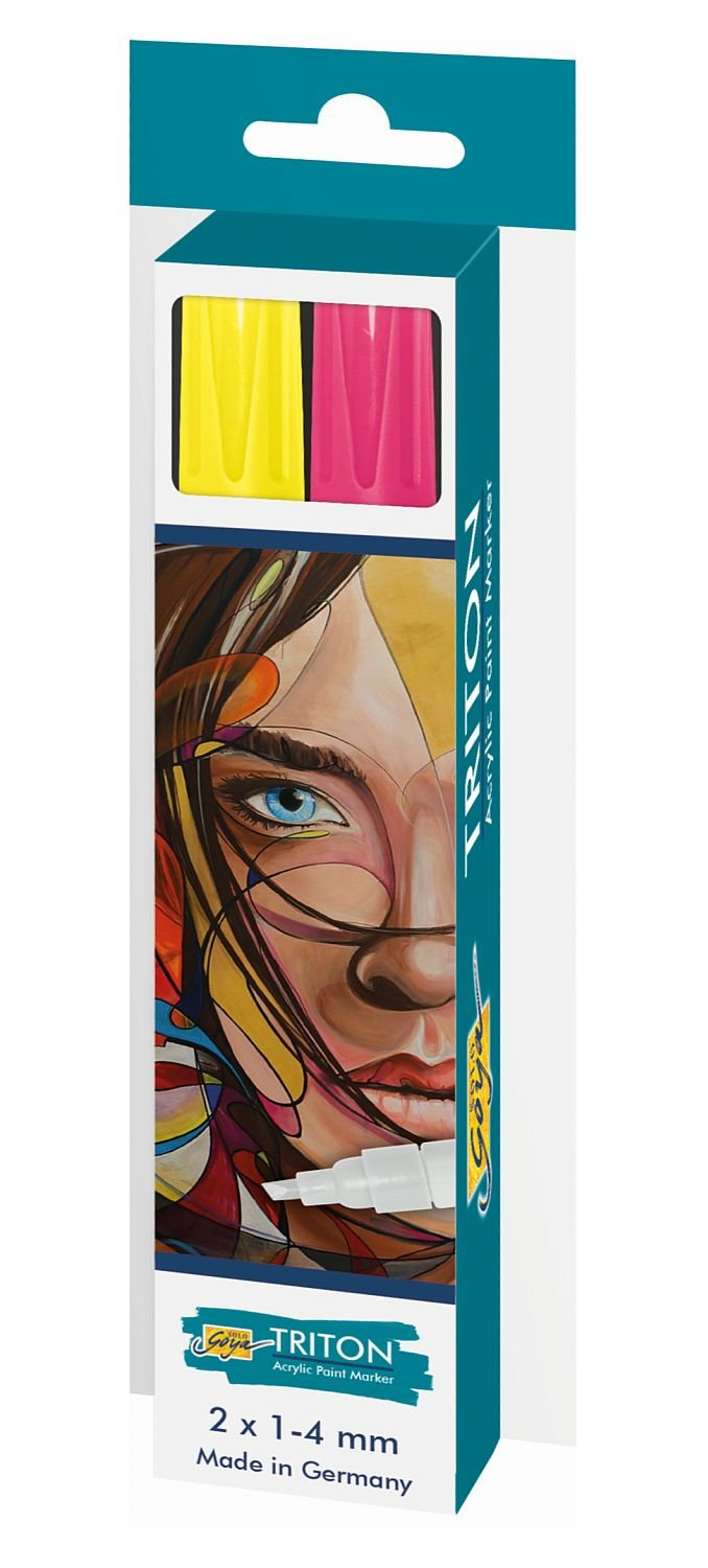 KREUL Solo Goya Triton 17894 Acrylic Paint Marker, Set of 2, Yellow/Pink, Dimensionally Stable Chisel Tip Approx. 1-4 mm, Artist's Pen with Fluorescent Acrylic Paint Water-Based