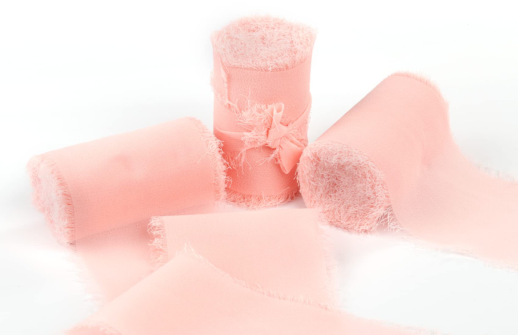 Joycrosso 3 Rolls Handmade Fringe Chiffon Ribbon Frayed Edges Lt. Pink Ribbon 60mmX4.5Meter, Great for Wedding Invitations, Bridal Bouquets, Decor Tie Gifts Wrapping, DIY Crafts