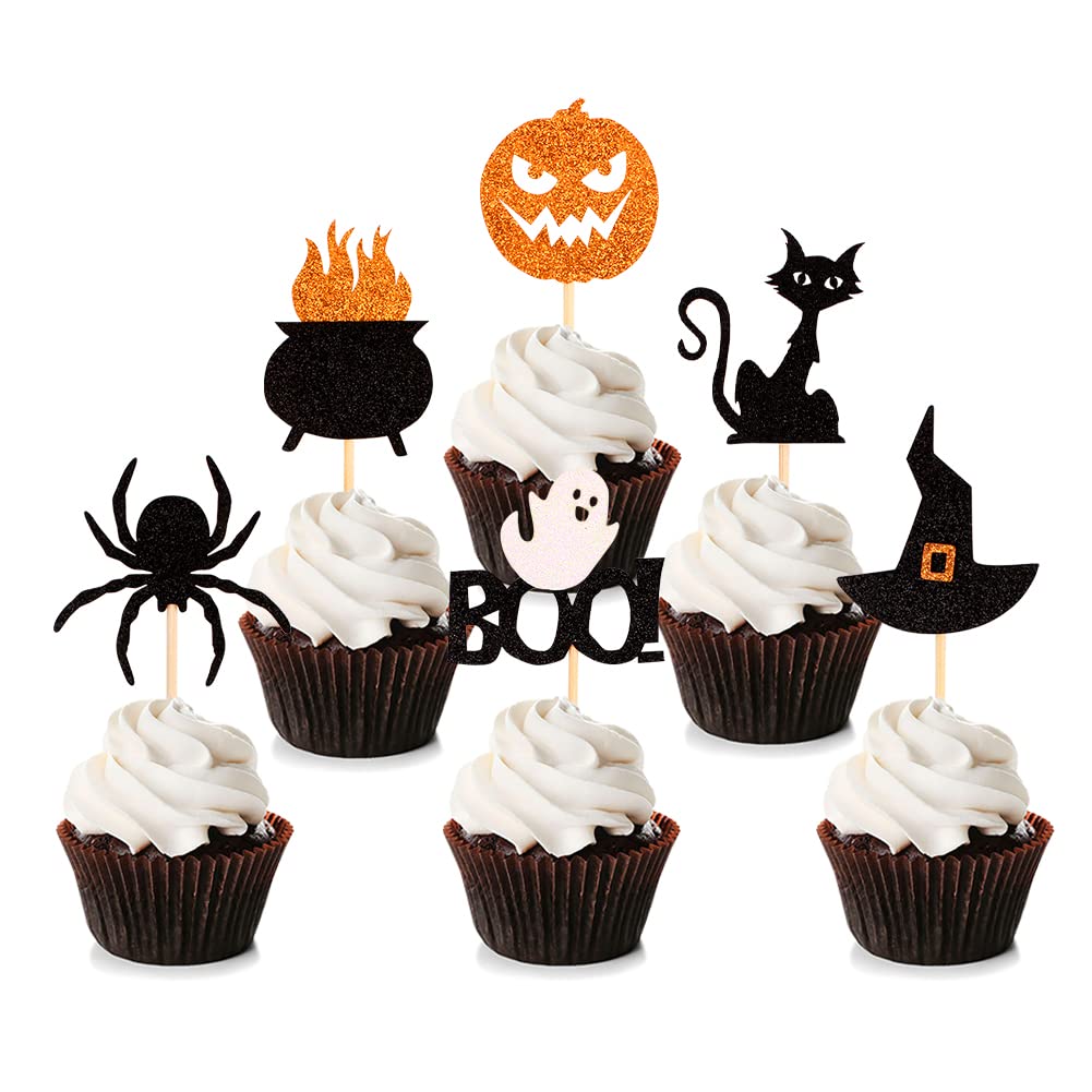Blumomon 36Pcs Halloween Cupcake Toppers - Cake Toppers, Glitter Pumpkin, Black Cat, Spider, Fruits Picks for Party Decoration