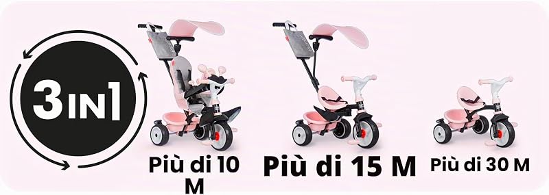 - Triciclo Baby Driver Rosa - 3 in 1 Evolutivo - Maniglione Parentale Regolabile a 3 Altezze - Freno di Stazionamento, Poggiapiedi, Parasole Anti-UV - Dai 10 Mesi ai 3 Anni - Prodotto in Spagna