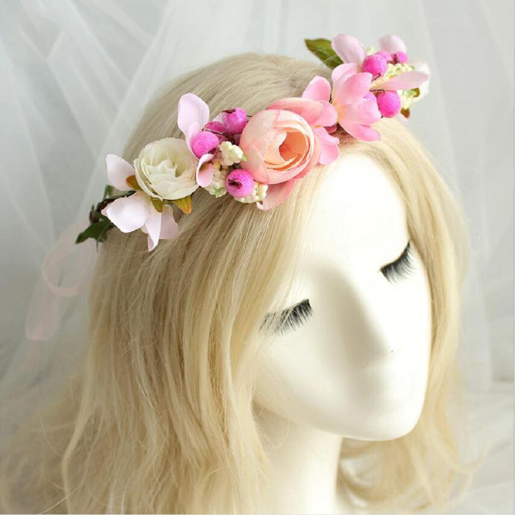 Women White & Pink Bridal Handmade Flower Crown with Adjustable Ribbon Wedding Festivals Floral Wreath Headband Floral Garland