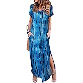 Arolina Women Summer Maxi Dress Short Sleeve V Neck Casual Loose Long Split Dresses Beach Vacation Sundress with Pockets