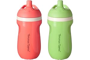Tommee Tippee Insulated 9oz Sporty Spout Toddler Water Bottle, No Spill, Sippy Cups for Toddlers 1-3, Two-Piece Valve Helps Stop Spills, Green & Red, BPA Free, Pack of 2