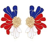4th of July American Flag Earrings Patriotic Red White Blue USA Drop Dangle Earring,Independence Day Earrings Jewelry for Women (Flower)