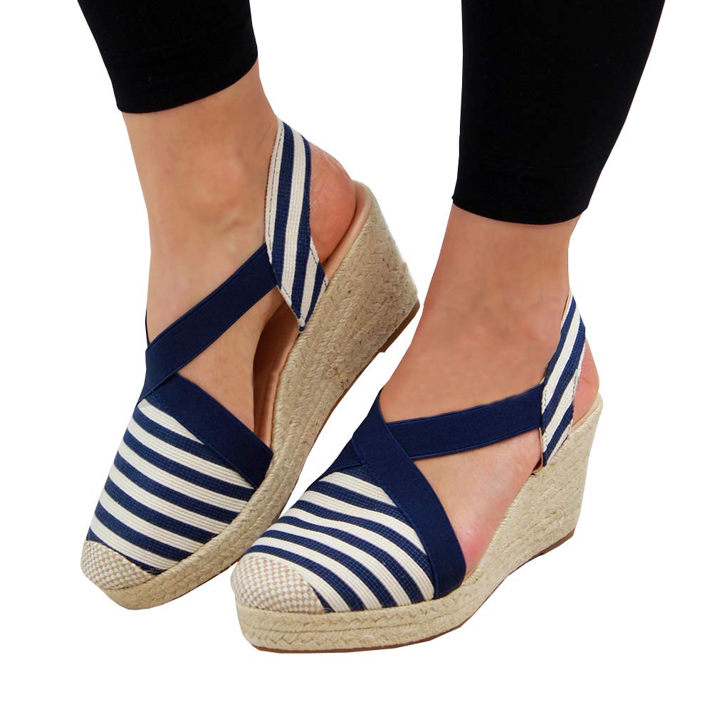 Womens Closed Toe Espadrilles Wedge Sandals Elastic Ankle Strap Heels Dress Shoes - Image 3