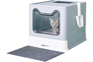 Medario Cat Litter Box with Litter Mat and Scoop, Large Foldable Litter Box with Lid, Front Entry Top Exit Kitty Litter Box, Odor Control Easy Clean (Blue)
