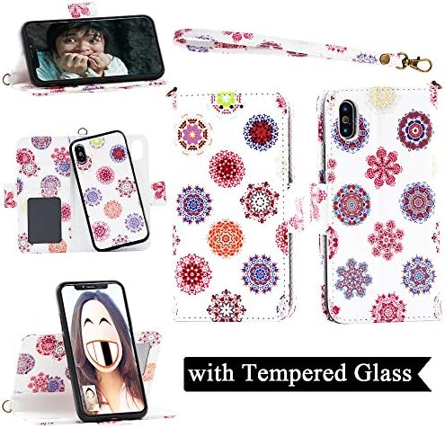 iPhone X Wallet Flip Case with Detachable Slim Cover, Wrist Strap, Card Slot, Kickstand - Samgg Magnetic 2 in 1 Luxury Folio Leather Case with Tempered Glass for Apple 5.8 inch iPhone 10 (Mandala 2)