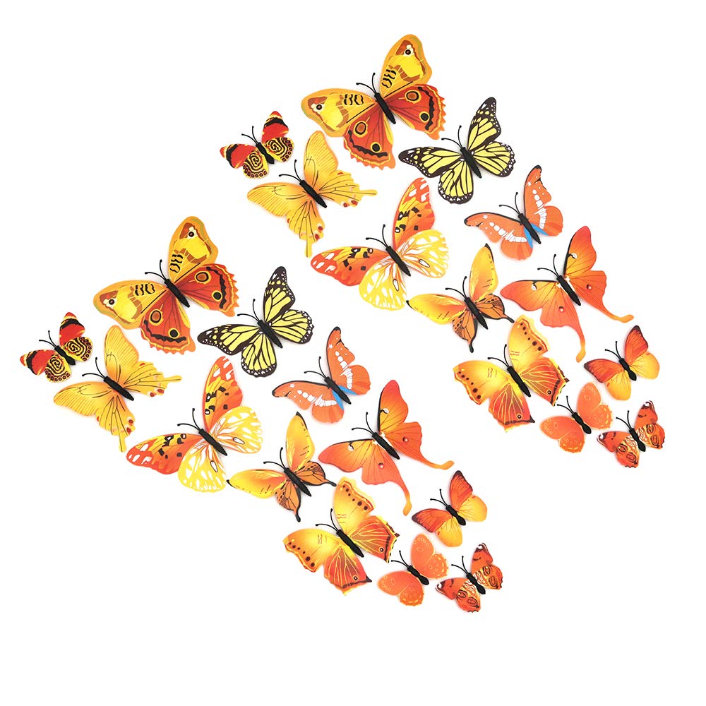 Shiwaki 24pcs 3D simulation three-dimensional butterfly magnet wall sticker decoration refrigerator sticker home decoration(Yellow)