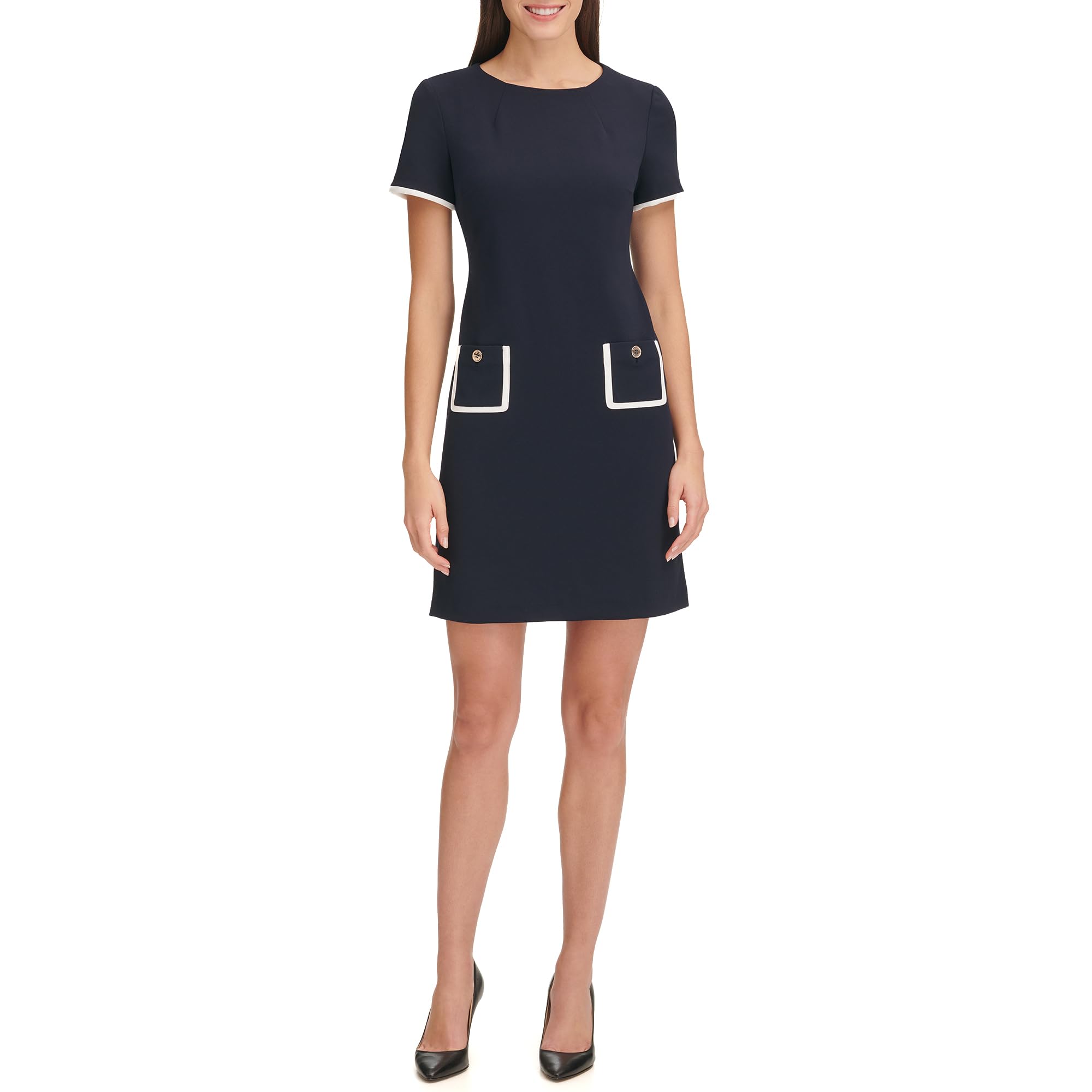 Tommy Hilfiger Women’s Short Sleeve Jewel Neck Contrast Piping Mini Shift Dress, Sky Captain/Ivory, 12